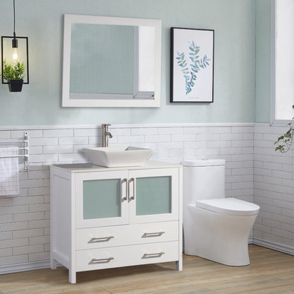 Vanity Art Ravenna 36" Single White Freestanding Vanity Set With White Engineered Marble Top, Ceramic Vessel Sink and Mirror