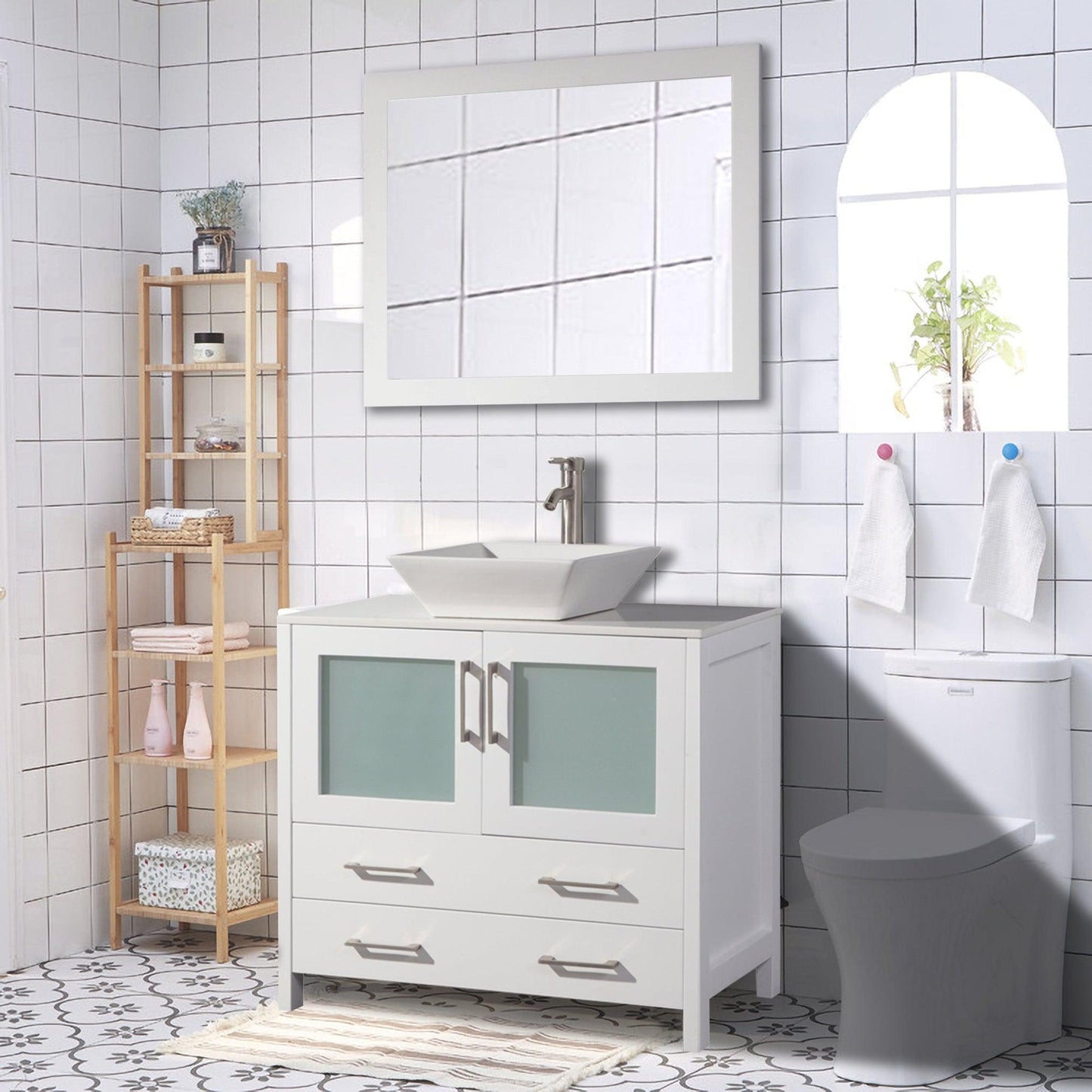 Vanity Art Ravenna 36" Single White Freestanding Vanity Set With White Engineered Marble Top, Ceramic Vessel Sink and Mirror