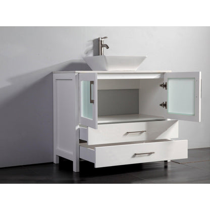 Vanity Art Ravenna 36" Single White Freestanding Vanity Set With White Engineered Marble Top, Ceramic Vessel Sink and Mirror