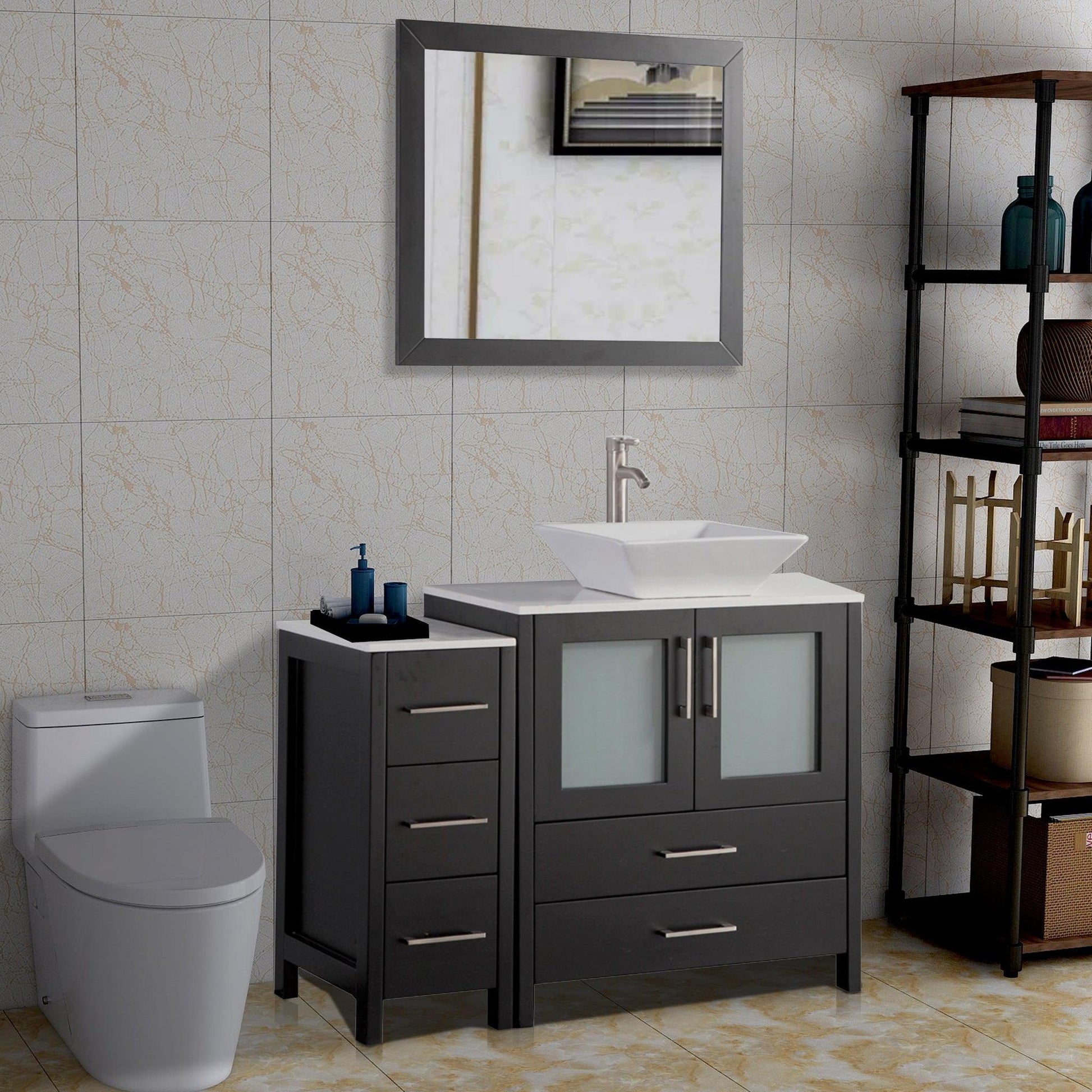 Vanity Art Ravenna 96 Double Gray Freestanding Vanity Set With White  Engineered Marble Top, 2 Ceramic Vessel Sinks, 2 Side Cabinets and 2 Mirrors