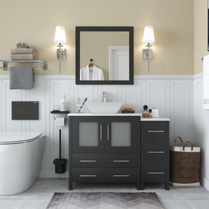 Vanity Art Ravenna 42" Single Espresso Freestanding Vanity Set With White Engineered Marble Top, Ceramic Vessel Sink, 1 Side Cabinet and Mirror