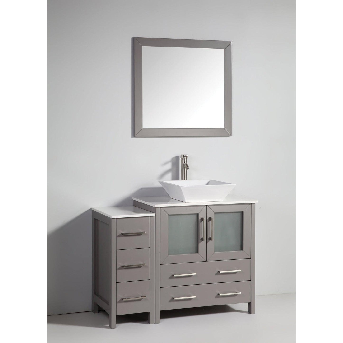 Vanity Art Ravenna 42" Single Gray Freestanding Vanity Set With White Engineered Marble Top, Ceramic Vessel Sink, 1 Side Cabinet and Mirror