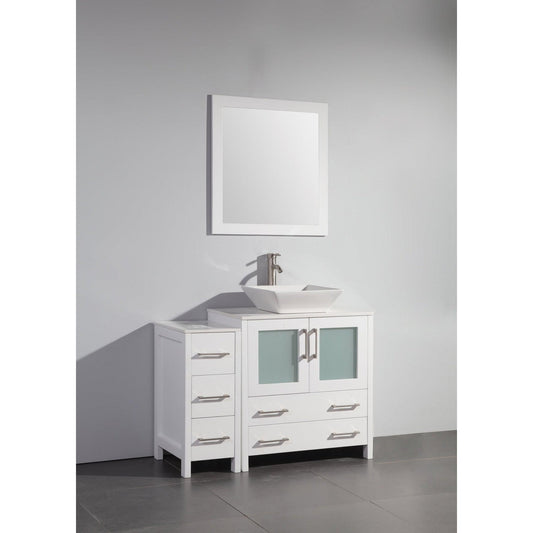 Vanity Art Ravenna 42" Single White Freestanding Vanity Set With White Engineered Marble Top, Ceramic Vessel Sink, 1 Side Cabinet and Mirror