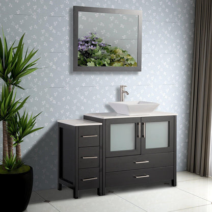 Vanity Art Ravenna 48" Single Espresso Freestanding Vanity Set With White Engineered Marble Top, Ceramic Vessel Sink, 1 Side Cabinet and Mirror