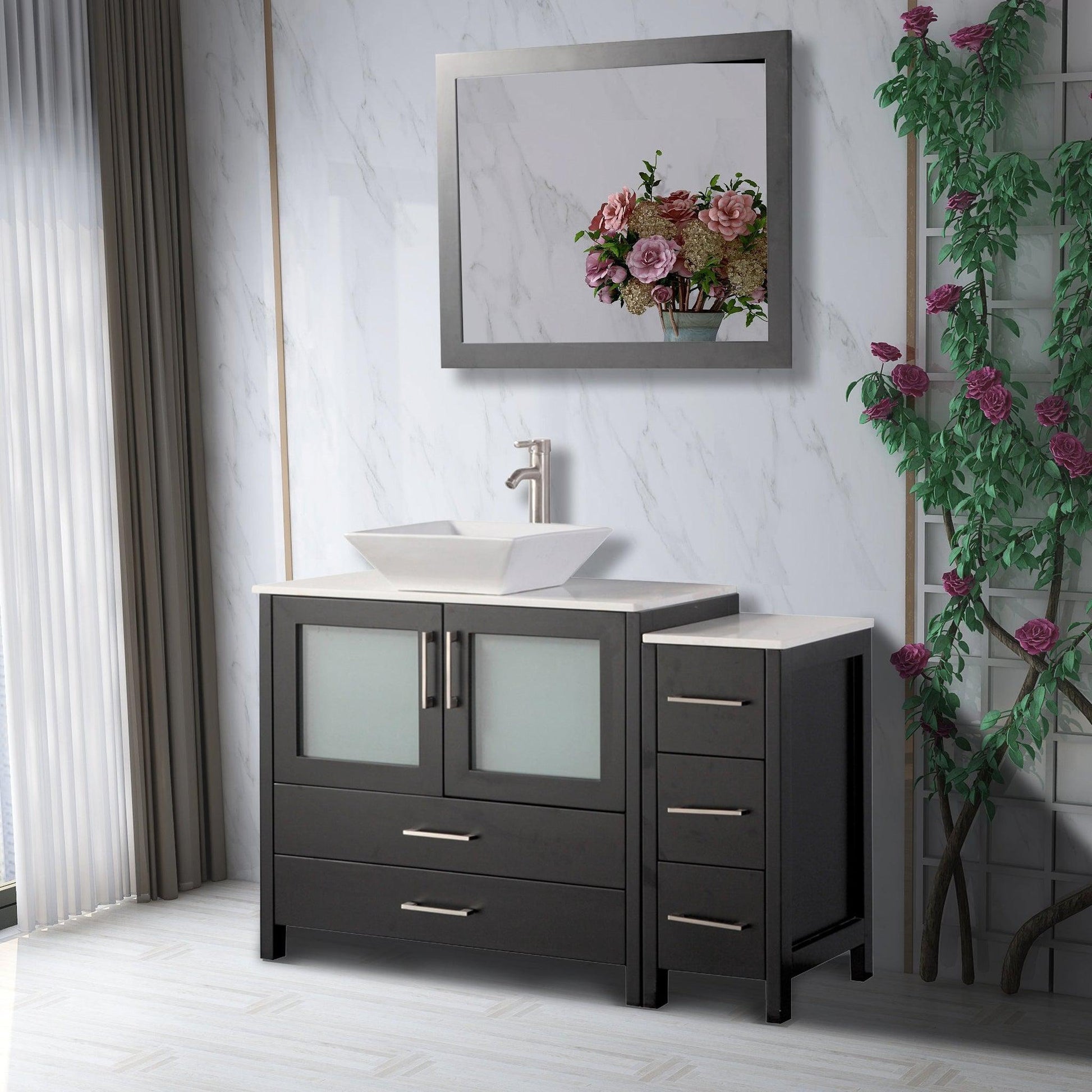 Vanity Art Ravenna 48" Single Espresso Freestanding Vanity Set With White Engineered Marble Top, Ceramic Vessel Sink, 1 Side Cabinet and Mirror