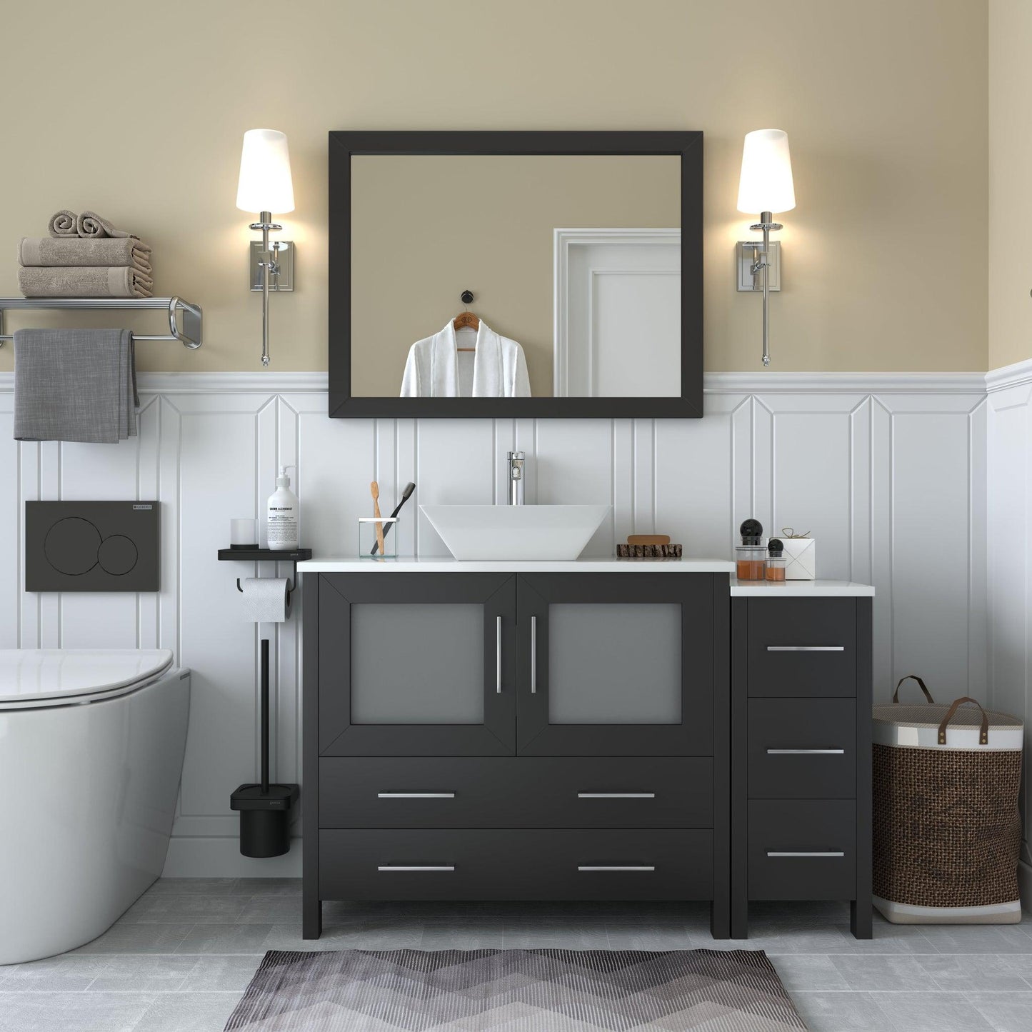 Vanity Art Ravenna 48" Single Espresso Freestanding Vanity Set With White Engineered Marble Top, Ceramic Vessel Sink, 1 Side Cabinet and Mirror