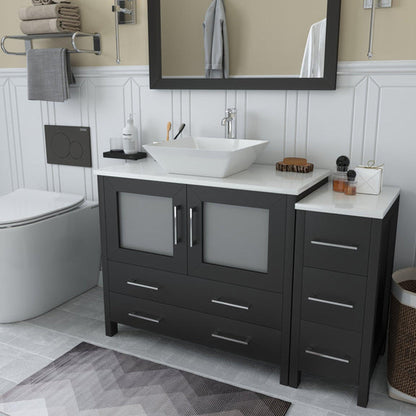 Vanity Art Ravenna 48" Single Espresso Freestanding Vanity Set With White Engineered Marble Top, Ceramic Vessel Sink, 1 Side Cabinet and Mirror