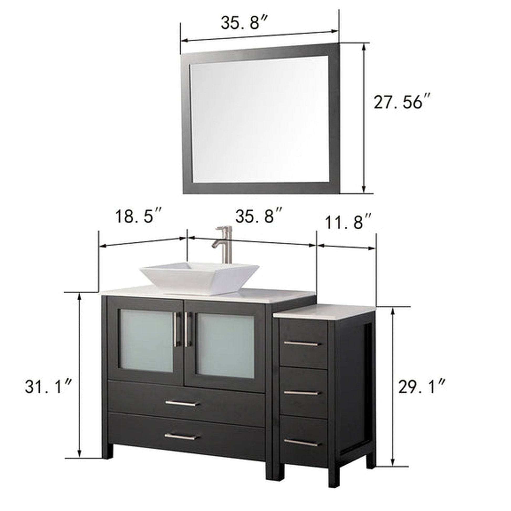 Vanity Art Ravenna 48" Single Espresso Freestanding Vanity Set With White Engineered Marble Top, Ceramic Vessel Sink, 1 Side Cabinet and Mirror