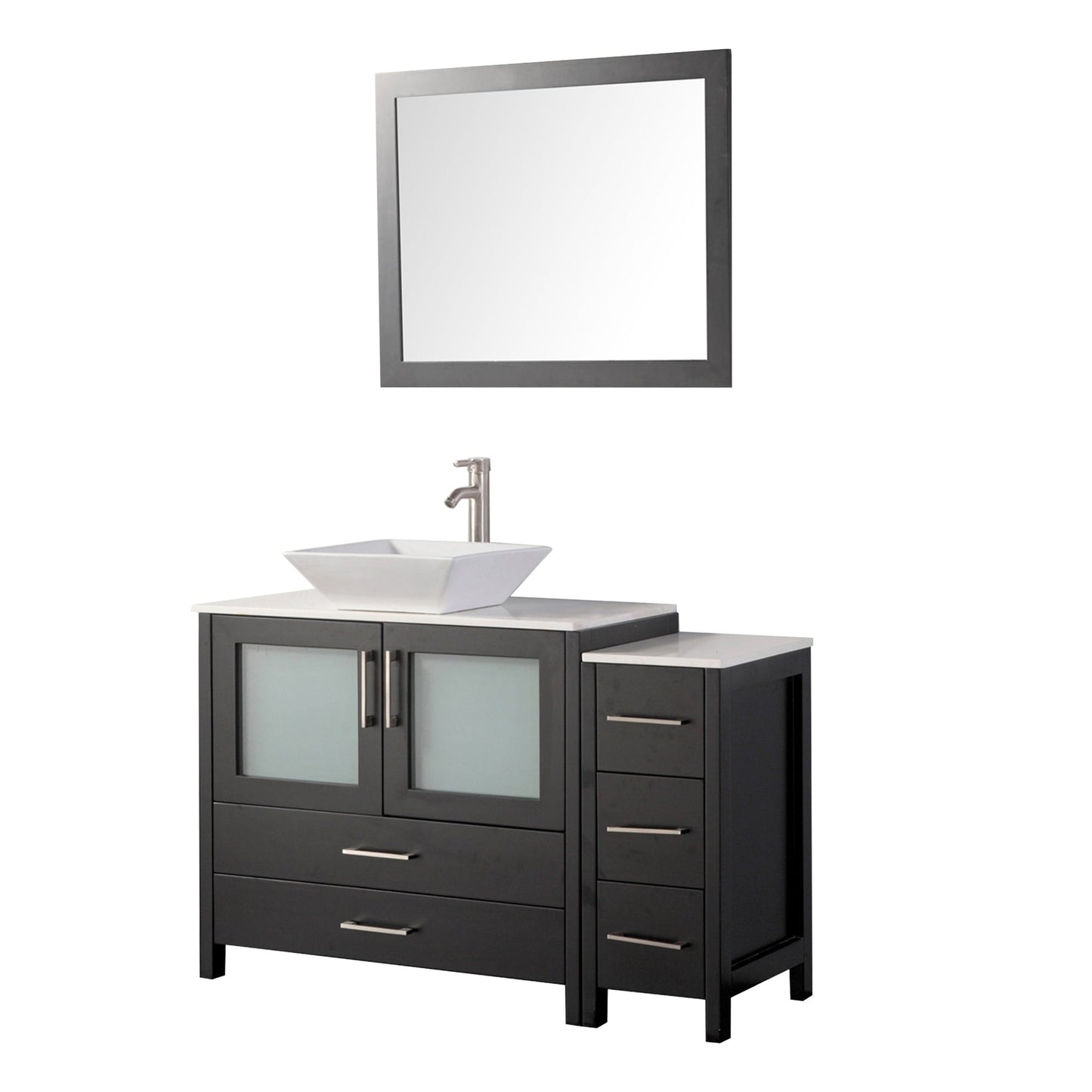 Vanity Art Ravenna 48" Single Espresso Freestanding Vanity Set With White Engineered Marble Top, Ceramic Vessel Sink, 1 Side Cabinet and Mirror