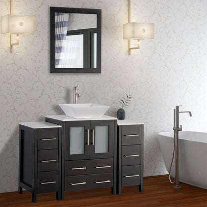 Vanity Art Ravenna 48" Single Espresso Freestanding Vanity Set With White Engineered Marble Top, Ceramic Vessel Sink, 2 Side Cabinet and Mirror