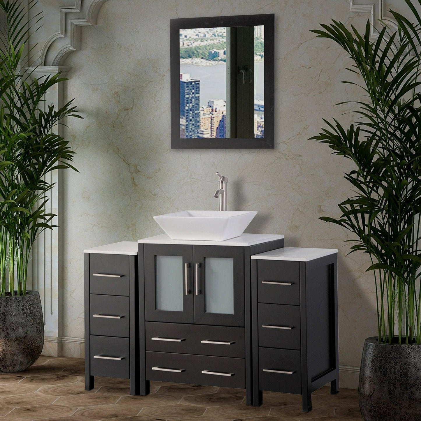 Vanity Art Ravenna 48" Single Espresso Freestanding Vanity Set With White Engineered Marble Top, Ceramic Vessel Sink, 2 Side Cabinet and Mirror