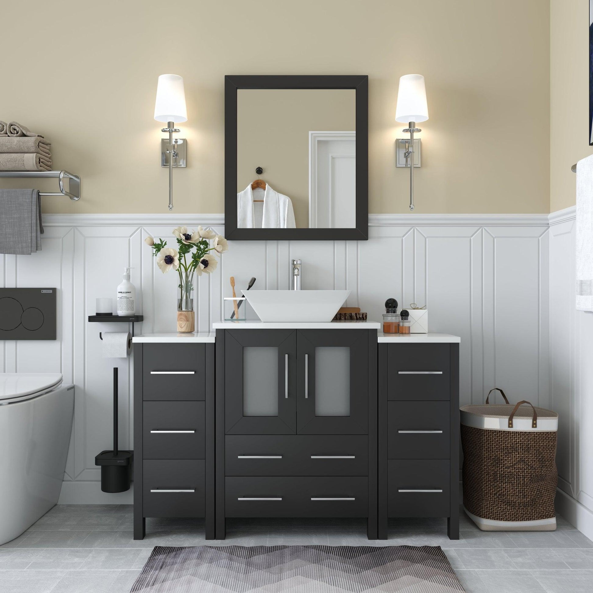 Vanity Art Ravenna 48" Single Espresso Freestanding Vanity Set With White Engineered Marble Top, Ceramic Vessel Sink, 2 Side Cabinet and Mirror