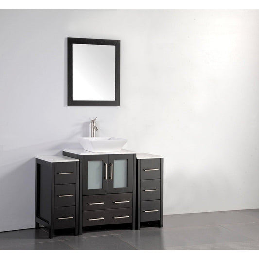 Vanity Art Ravenna 48" Single Espresso Freestanding Vanity Set With White Engineered Marble Top, Ceramic Vessel Sink, 2 Side Cabinet and Mirror