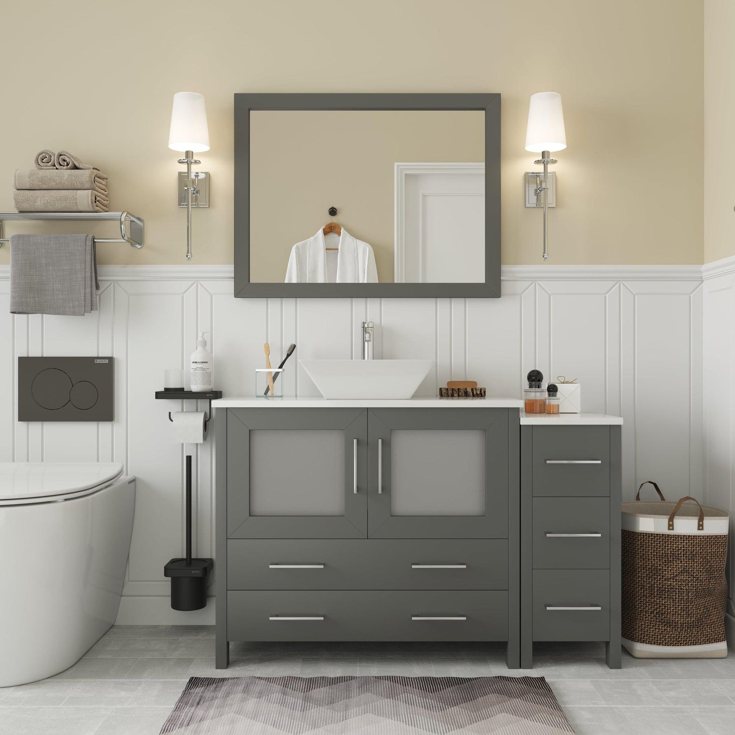 Vanity Art Ravenna 48" Single Gray Freestanding Vanity Set With White Engineered Marble Top, Ceramic Vessel Sink, 1 Side Cabinet and Mirror