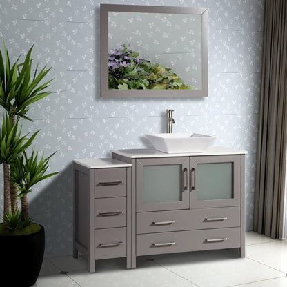 Vanity Art Ravenna 48" Single Gray Freestanding Vanity Set With White Engineered Marble Top, Ceramic Vessel Sink, 1 Side Cabinet and Mirror