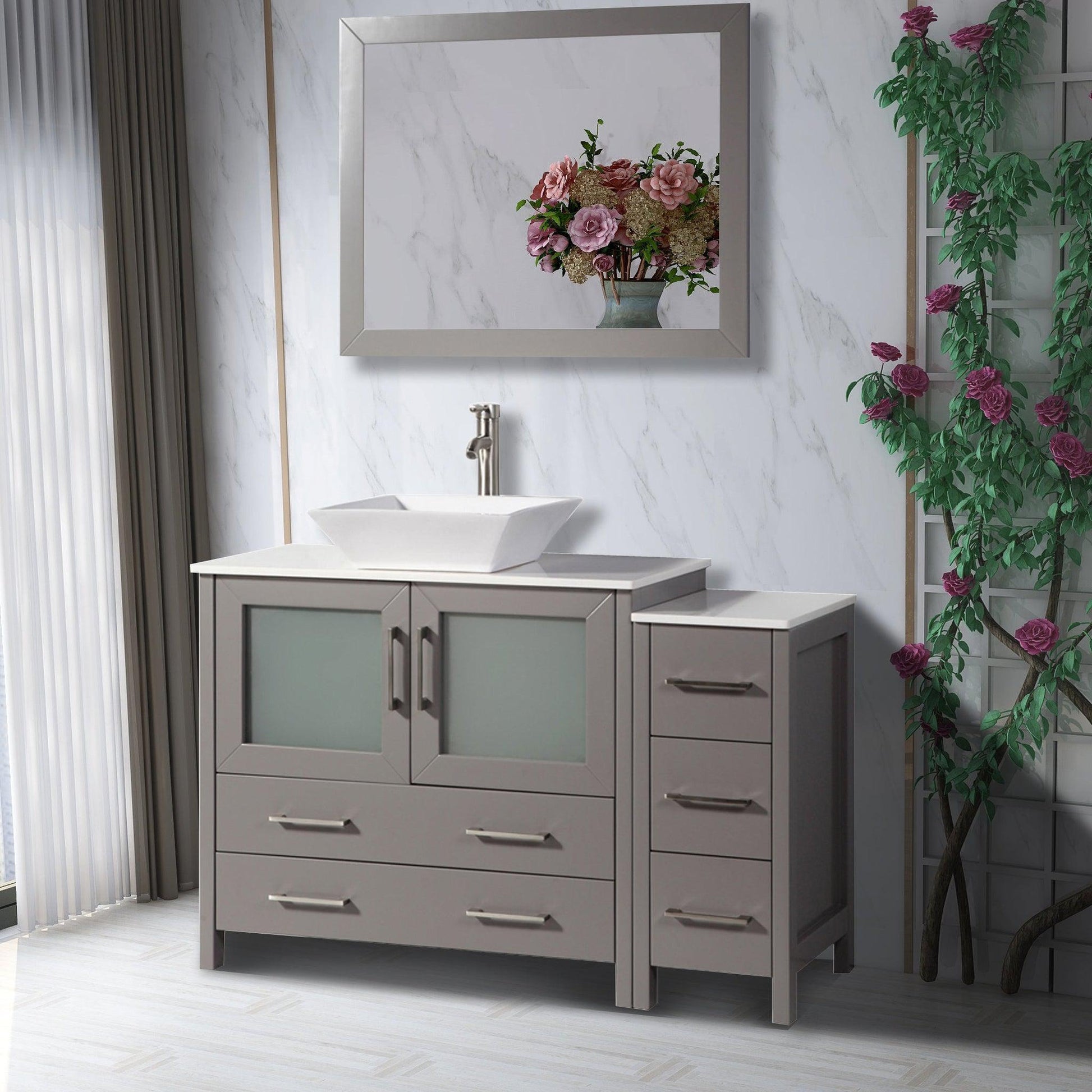 Vanity Art Ravenna 48" Single Gray Freestanding Vanity Set With White Engineered Marble Top, Ceramic Vessel Sink, 1 Side Cabinet and Mirror