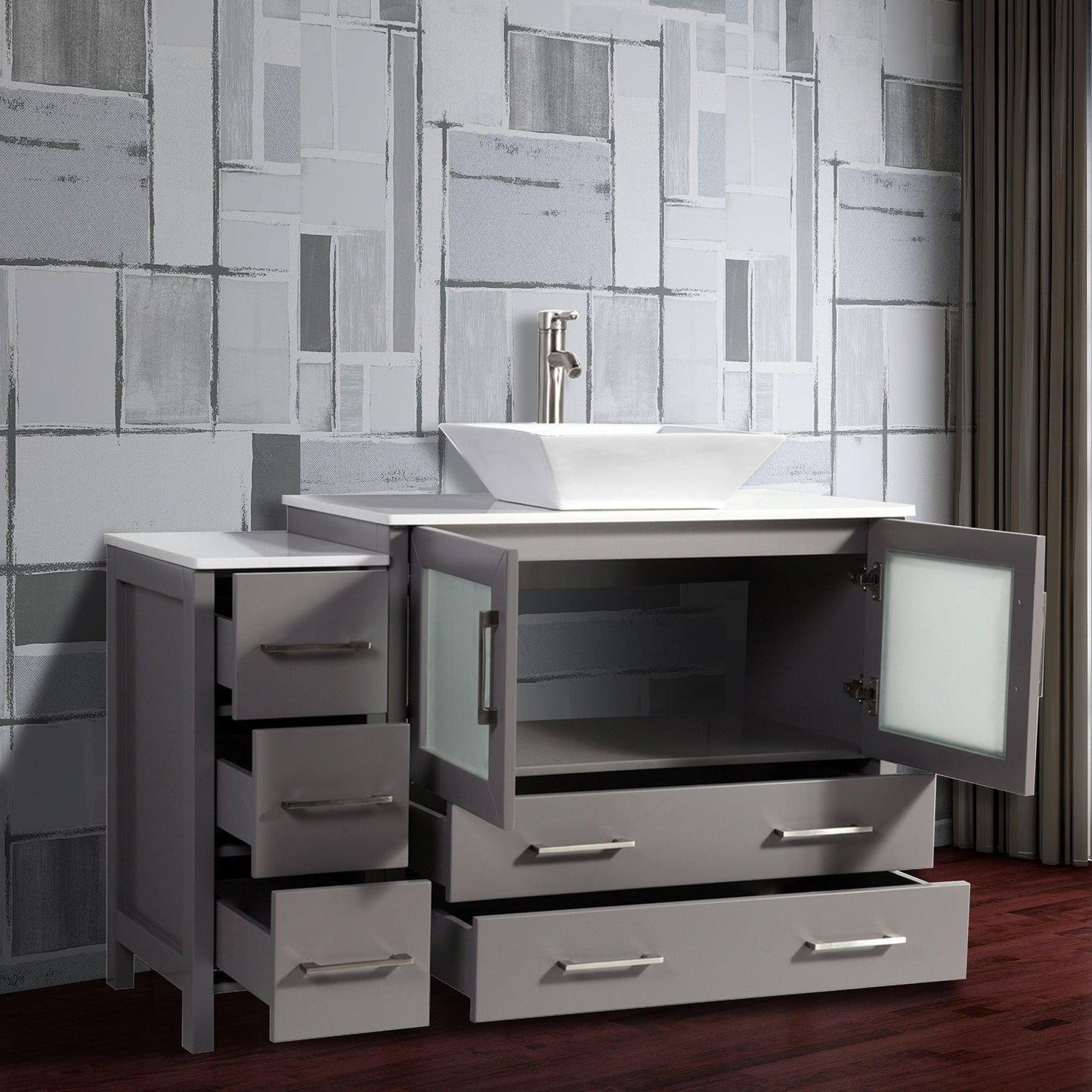 Vanity Art Ravenna 48" Single Gray Freestanding Vanity Set With White Engineered Marble Top, Ceramic Vessel Sink, 1 Side Cabinet and Mirror