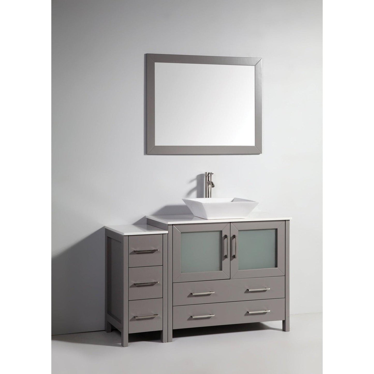 Vanity Art Ravenna 48" Single Gray Freestanding Vanity Set With White Engineered Marble Top, Ceramic Vessel Sink, 1 Side Cabinet and Mirror