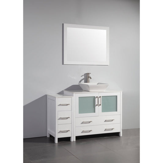 Vanity Art Ravenna 48" Single White Freestanding Vanity Set With White Engineered Marble Top, Ceramic Vessel Sink, 1 Side Cabinet and Mirror