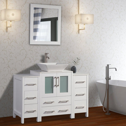 Vanity Art Ravenna 48" Single White Freestanding Vanity Set With White Engineered Marble Top, Ceramic Vessel Sink, 2 Side Cabinet and Mirror