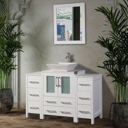 Vanity Art Ravenna 48" Single White Freestanding Vanity Set With White Engineered Marble Top, Ceramic Vessel Sink, 2 Side Cabinet and Mirror