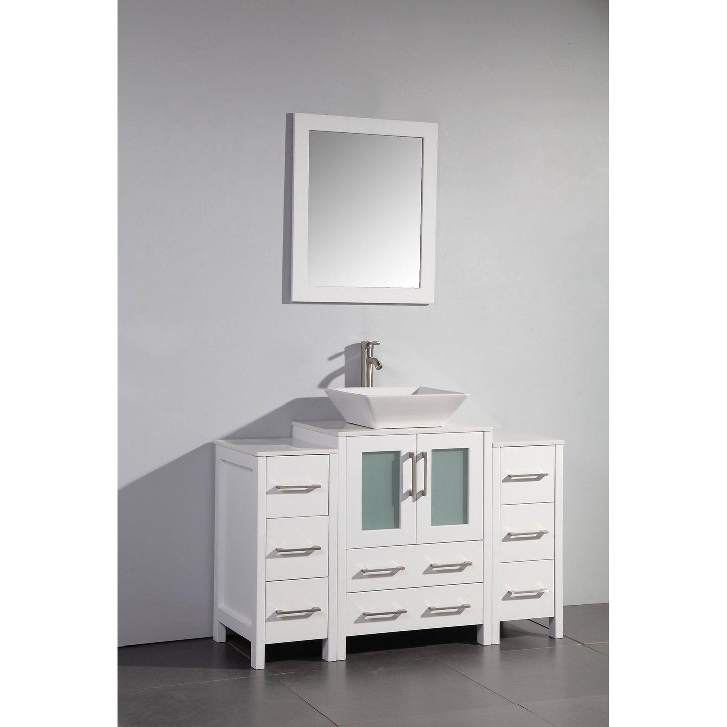 Vanity Art Ravenna 48" Single White Freestanding Vanity Set With White Engineered Marble Top, Ceramic Vessel Sink, 2 Side Cabinet and Mirror