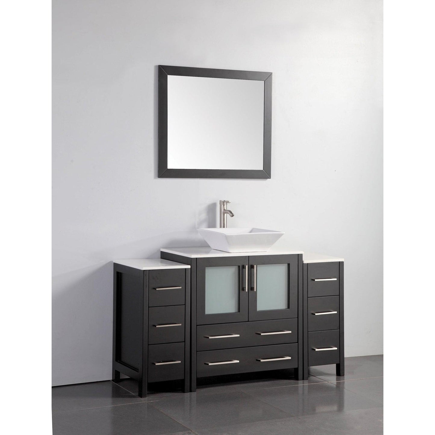 Vanity Art Ravenna 54" Single Espresso Freestanding Vanity Set With White Engineered Marble Top, Ceramic Vessel Sink, 2 Side Cabinets and 1 Mirror