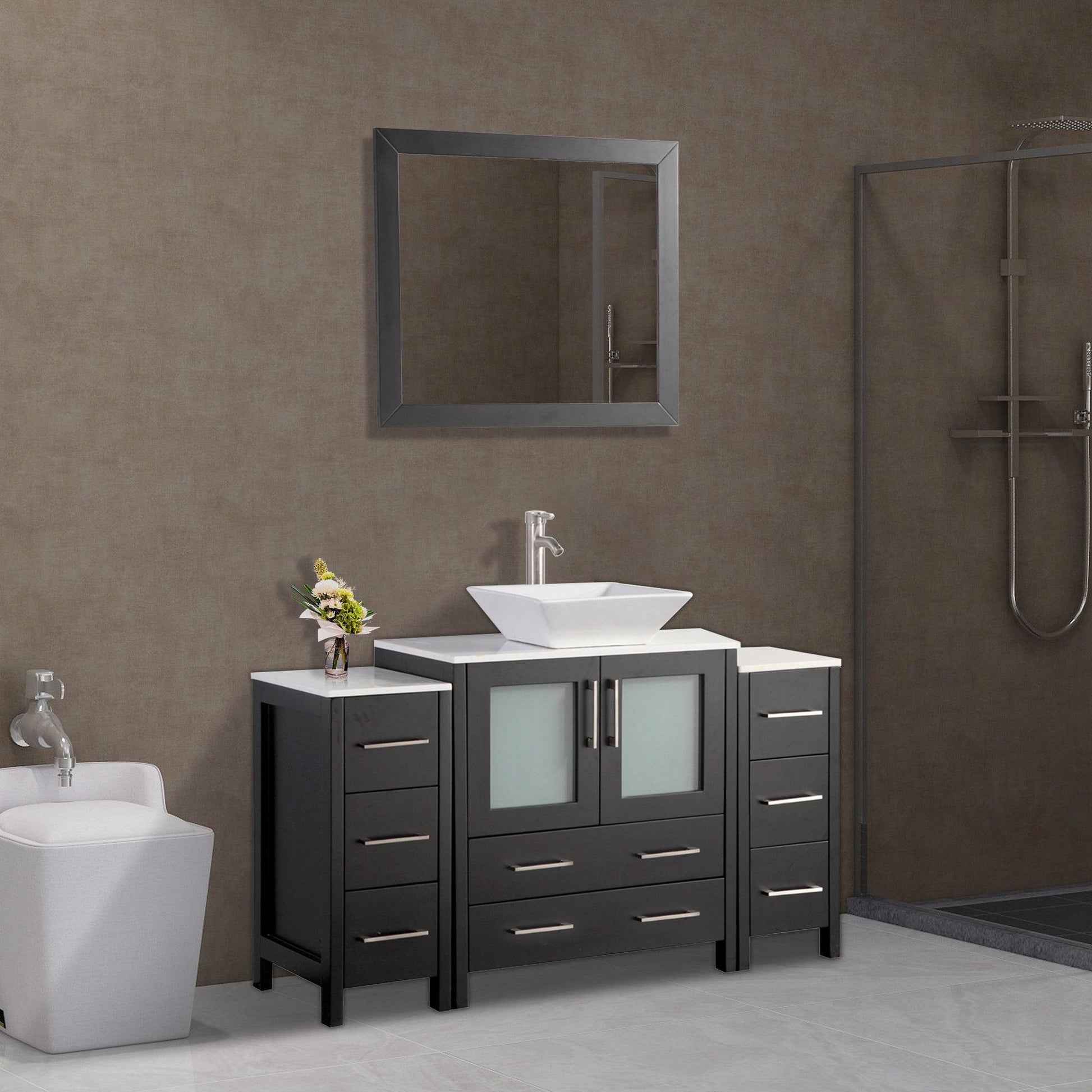 Vanity Art Ravenna 54" Single Espresso Freestanding Vanity Set With White Engineered Marble Top, Ceramic Vessel Sink, 2 Side Cabinets and 1 Mirror