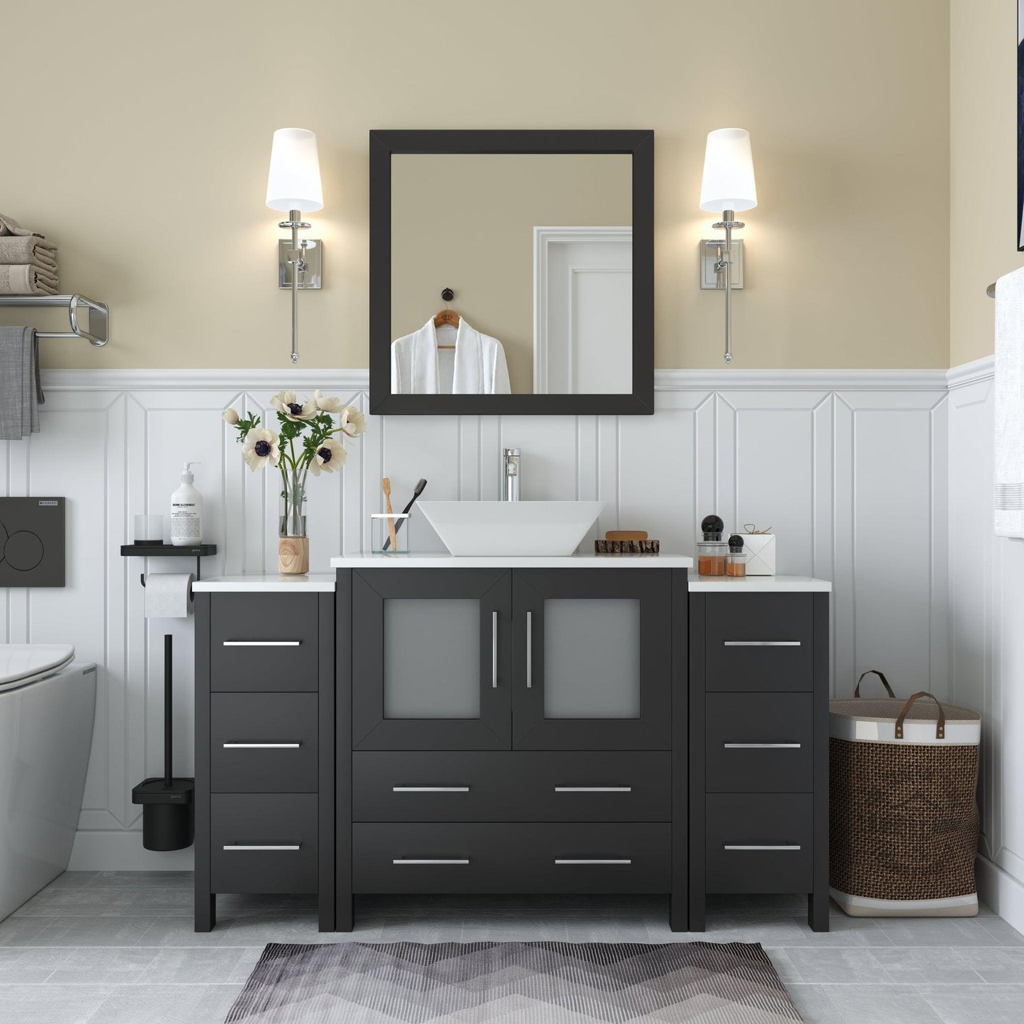 Vanity Art Ravenna 54" Single Espresso Freestanding Vanity Set With White Engineered Marble Top, Ceramic Vessel Sink, 2 Side Cabinets and 1 Mirror