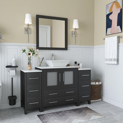 Vanity Art Ravenna 54" Single Espresso Freestanding Vanity Set With White Engineered Marble Top, Ceramic Vessel Sink, 2 Side Cabinets and 1 Mirror