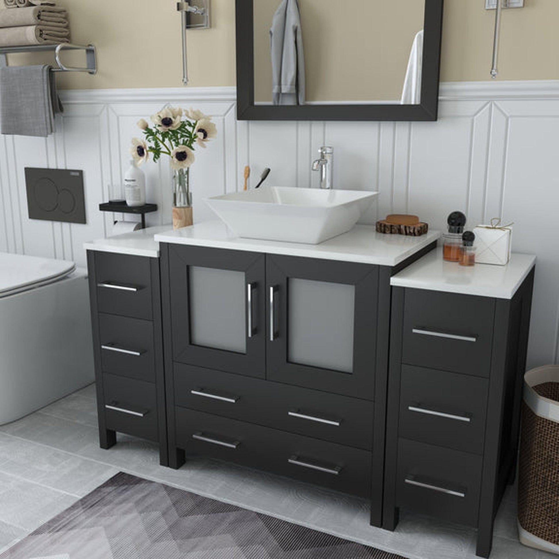 Vanity Art Ravenna 54" Single Espresso Freestanding Vanity Set With White Engineered Marble Top, Ceramic Vessel Sink, 2 Side Cabinets and 1 Mirror