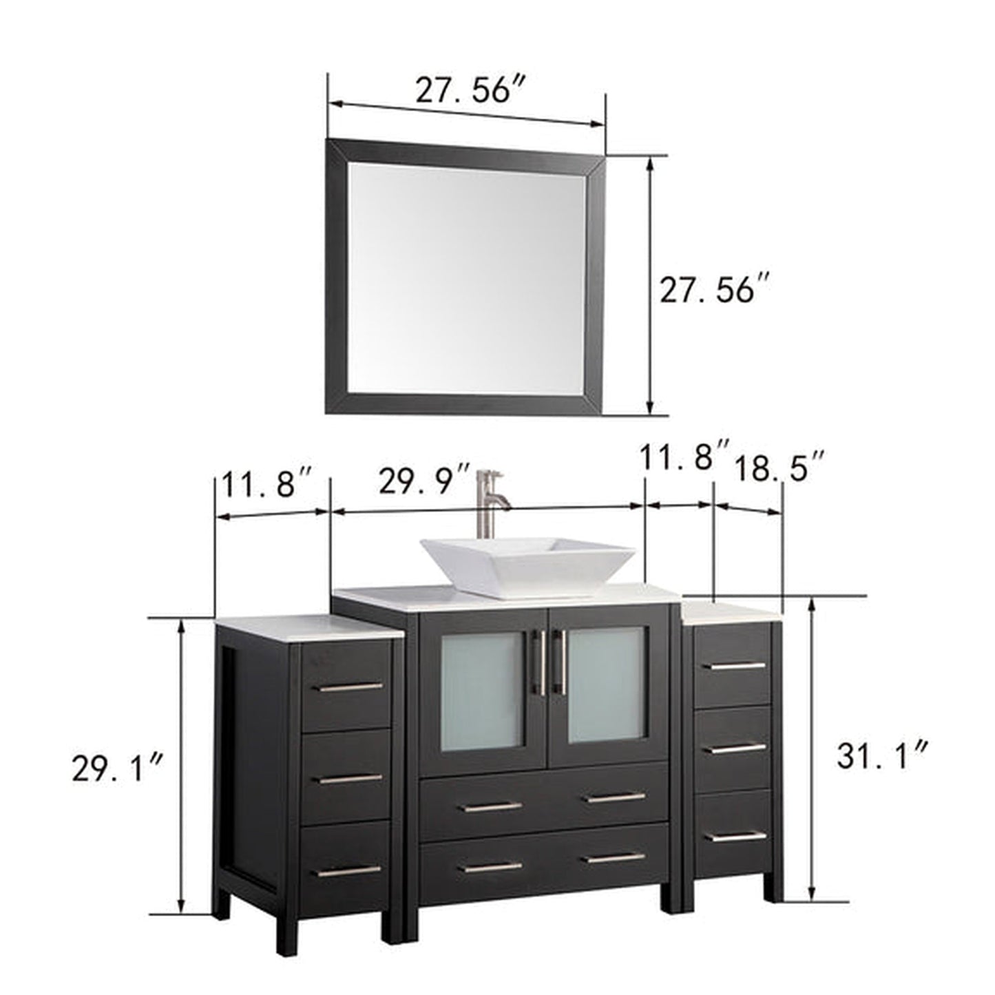 Vanity Art Ravenna 54" Single Espresso Freestanding Vanity Set With White Engineered Marble Top, Ceramic Vessel Sink, 2 Side Cabinets and 1 Mirror