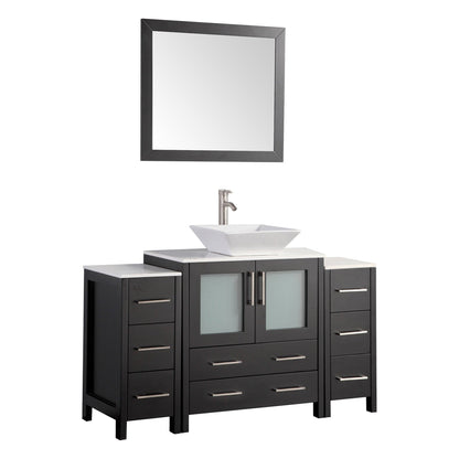 Vanity Art Ravenna 54" Single Espresso Freestanding Vanity Set With White Engineered Marble Top, Ceramic Vessel Sink, 2 Side Cabinets and 1 Mirror