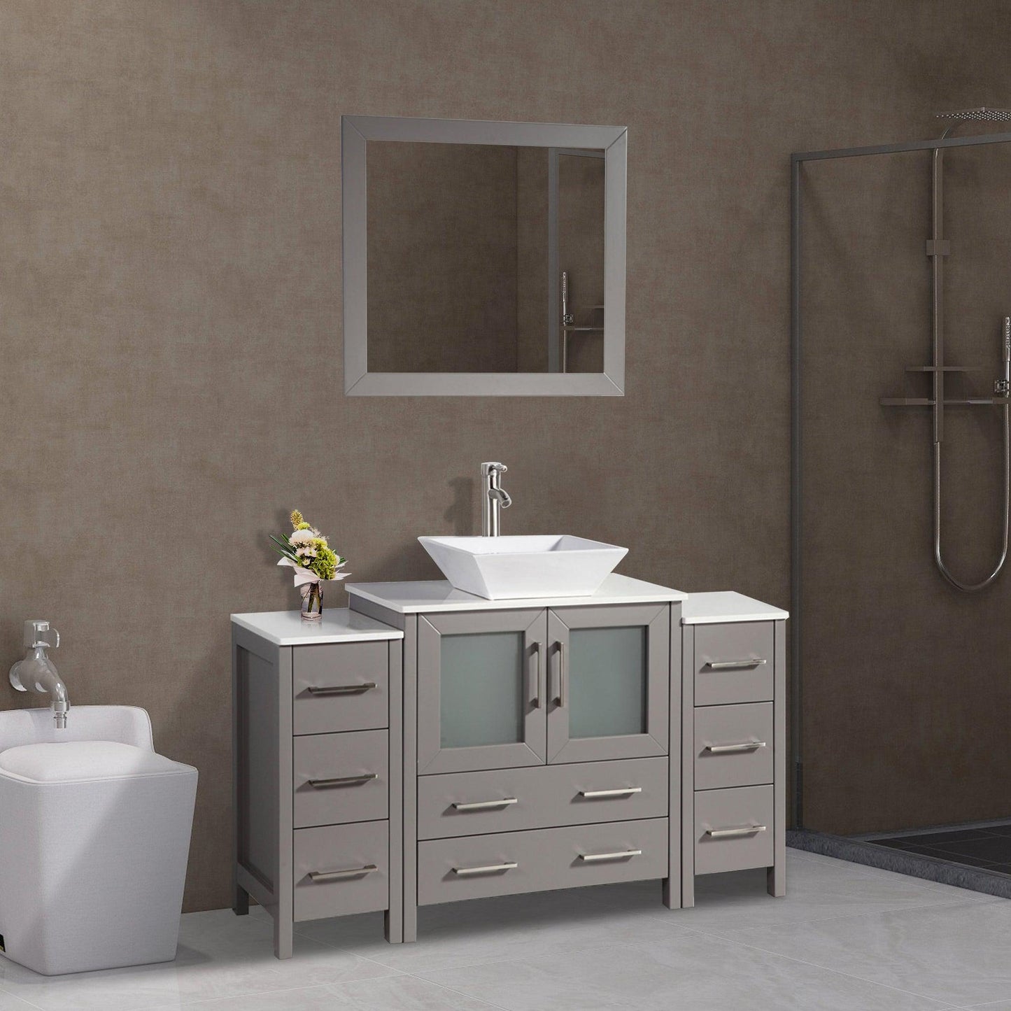 Vanity Art Ravenna 54" Single Gray Freestanding Vanity Set With White Engineered Marble Top, Ceramic Vessel Sink, 2 Side Cabinets and 1 Mirror