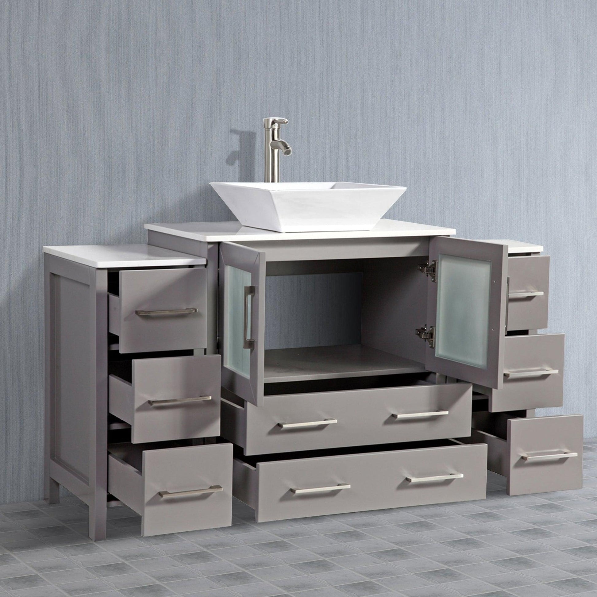 Vanity Art Ravenna 54" Single Gray Freestanding Vanity Set With White Engineered Marble Top, Ceramic Vessel Sink, 2 Side Cabinets and 1 Mirror