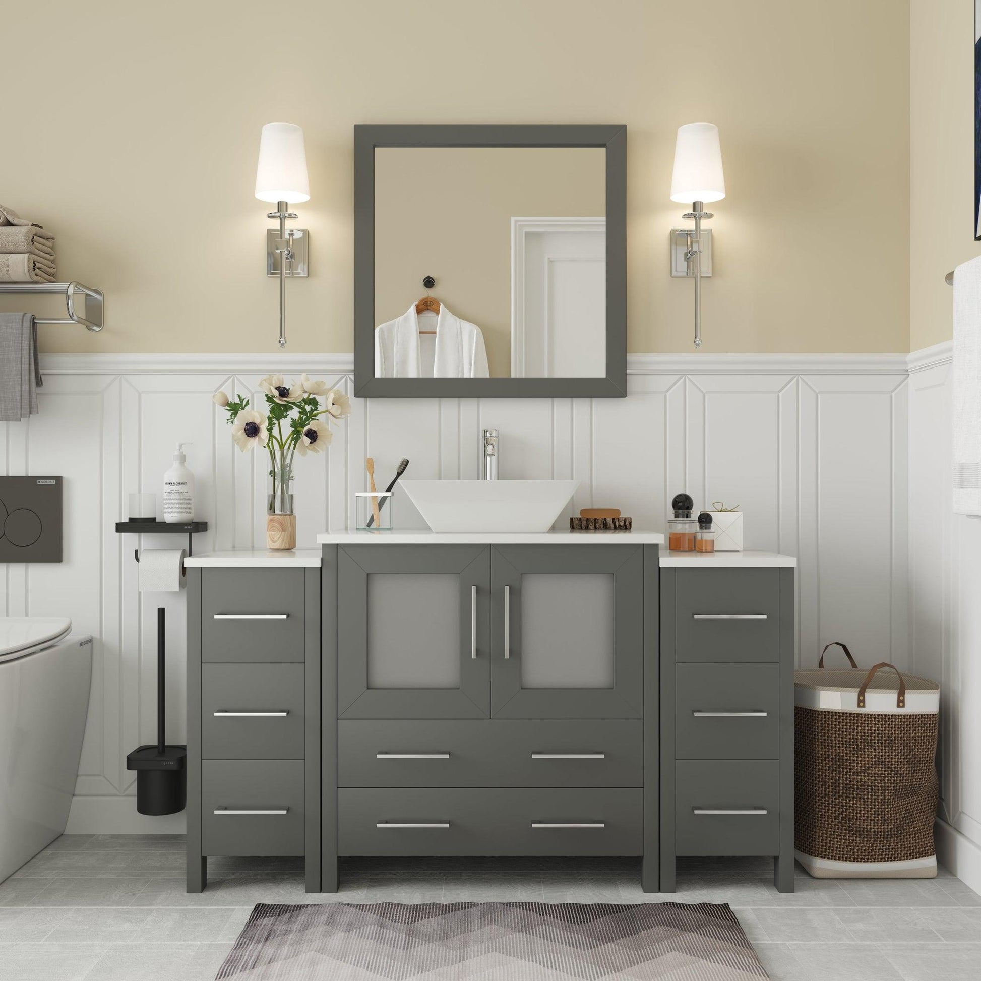 Vanity Art Ravenna 54" Single Gray Freestanding Vanity Set With White Engineered Marble Top, Ceramic Vessel Sink, 2 Side Cabinets and 1 Mirror