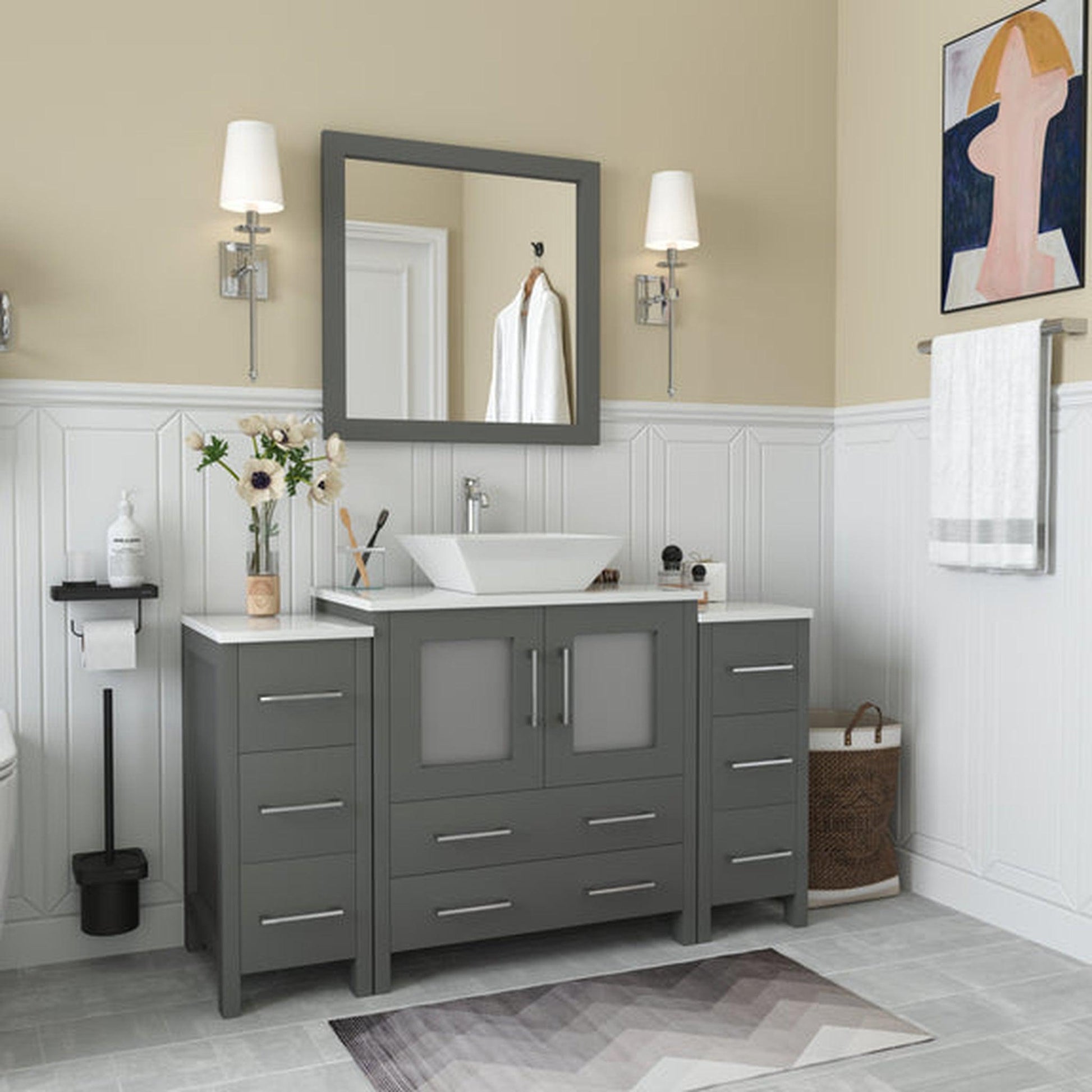 Vanity Art Ravenna 54" Single Gray Freestanding Vanity Set With White Engineered Marble Top, Ceramic Vessel Sink, 2 Side Cabinets and 1 Mirror