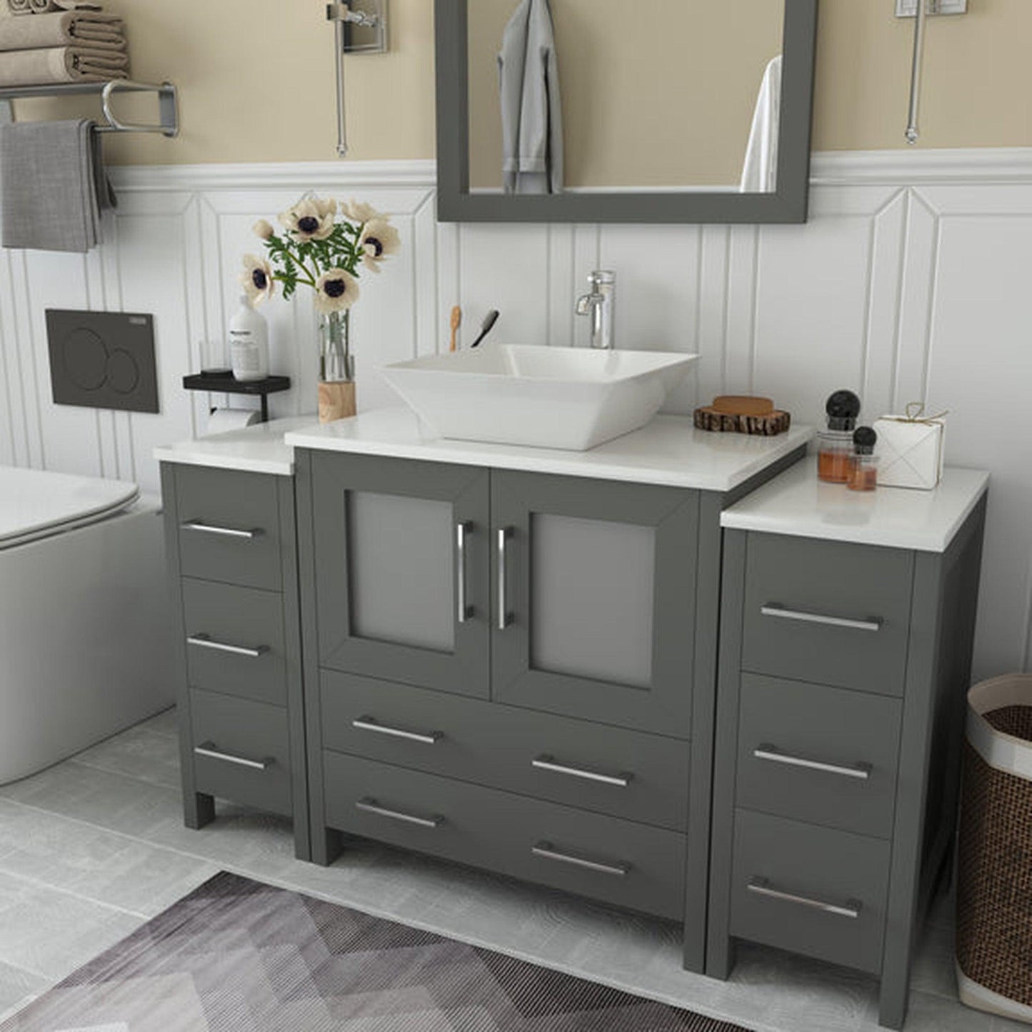 Vanity Art Ravenna 54" Single Gray Freestanding Vanity Set With White Engineered Marble Top, Ceramic Vessel Sink, 2 Side Cabinets and 1 Mirror