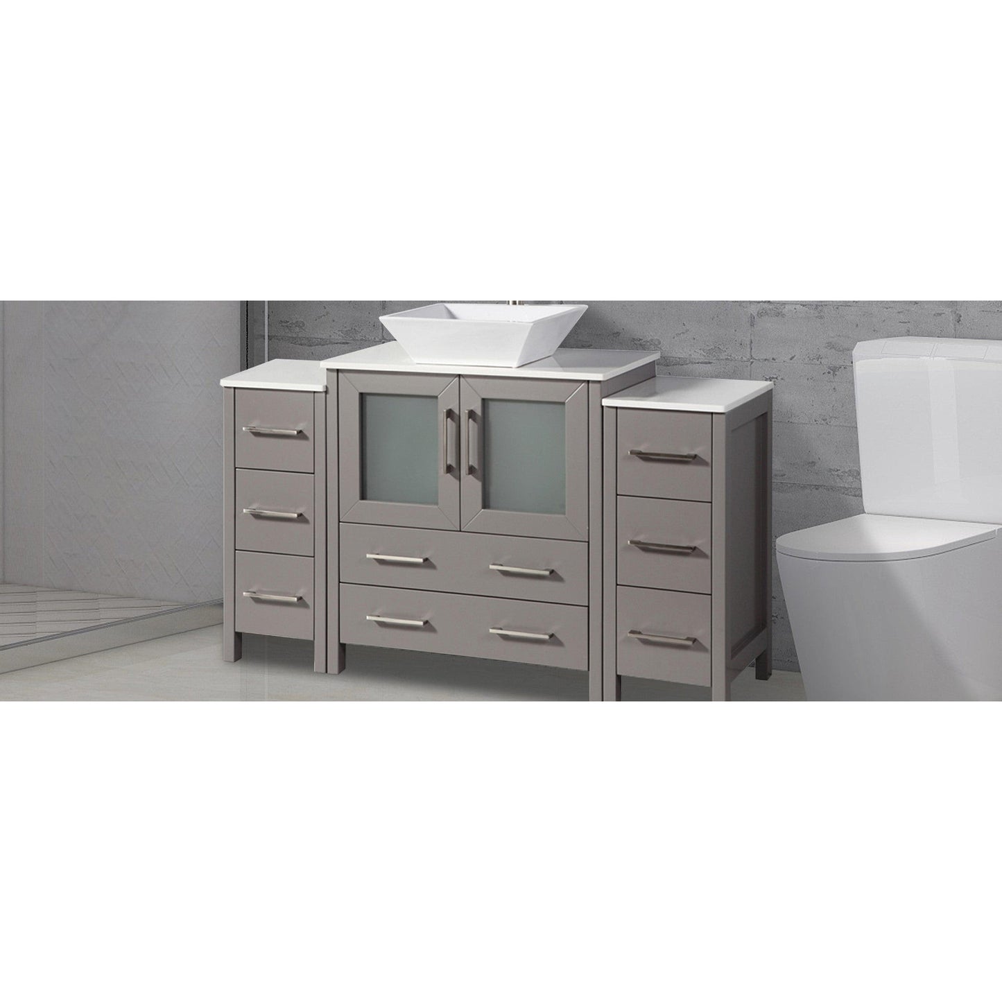 Vanity Art Ravenna 54" Single Gray Freestanding Vanity Set With White Engineered Marble Top, Ceramic Vessel Sink, 2 Side Cabinets and 1 Mirror