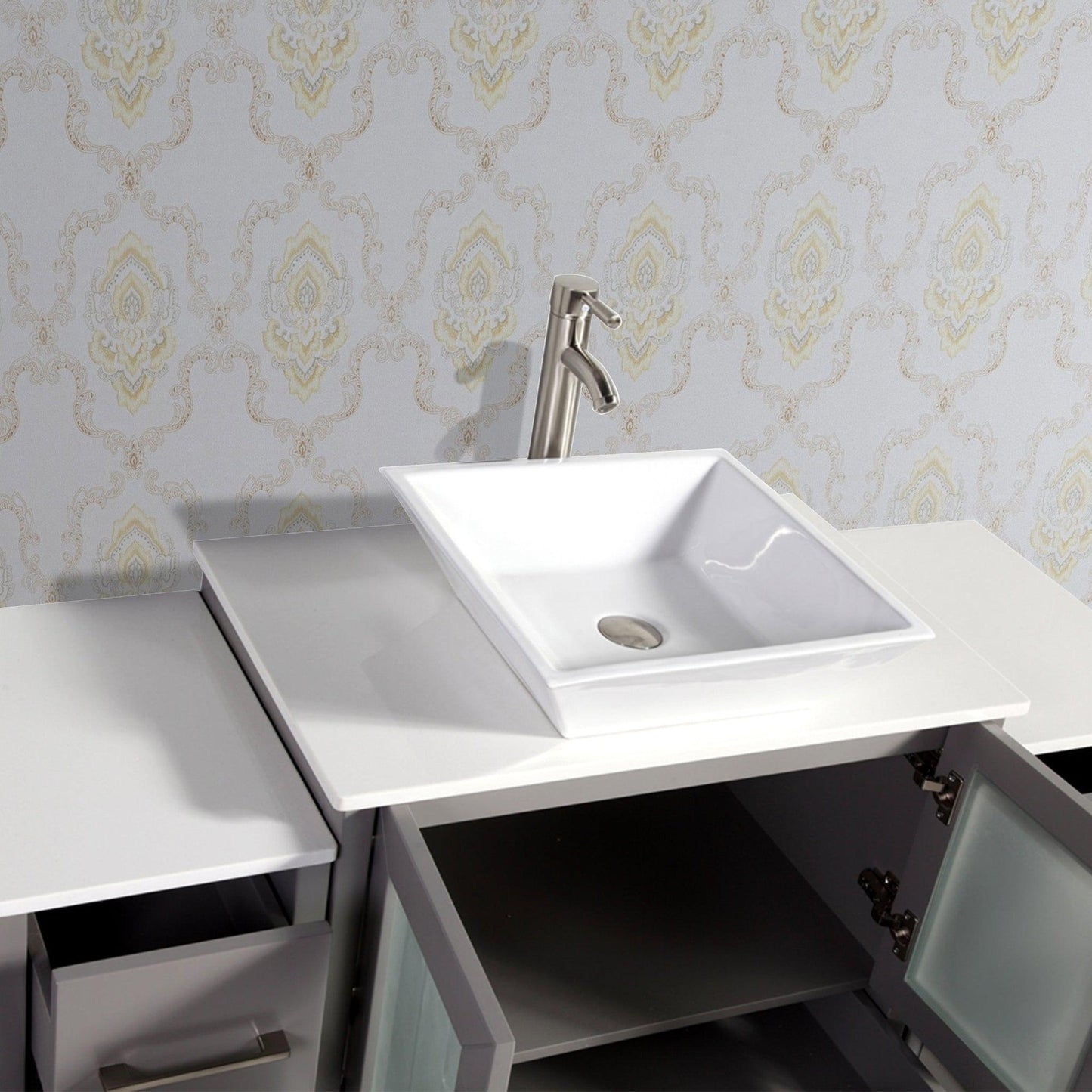Vanity Art Ravenna 54" Single Gray Freestanding Vanity Set With White Engineered Marble Top, Ceramic Vessel Sink, 2 Side Cabinets and 1 Mirror