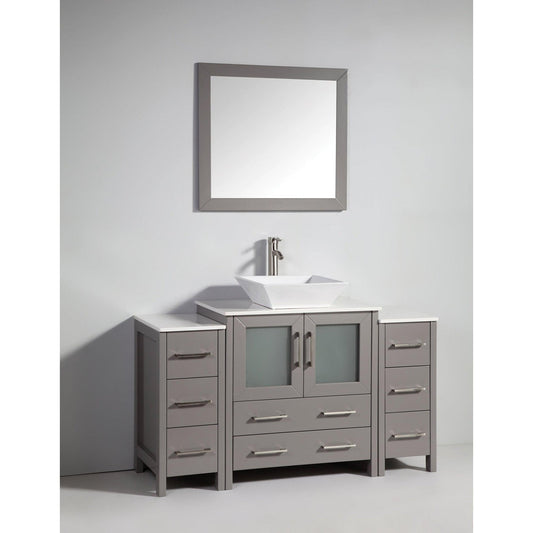 Vanity Art Ravenna 54" Single Gray Freestanding Vanity Set With White Engineered Marble Top, Ceramic Vessel Sink, 2 Side Cabinets and 1 Mirror