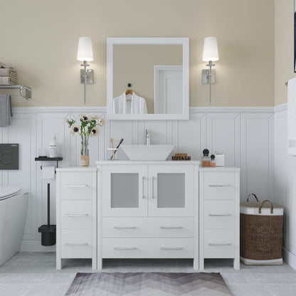 Vanity Art Ravenna 54" Single White Freestanding Vanity Set With White Engineered Marble Top, Ceramic Vessel Sink, 2 Side Cabinets and 1 Mirror