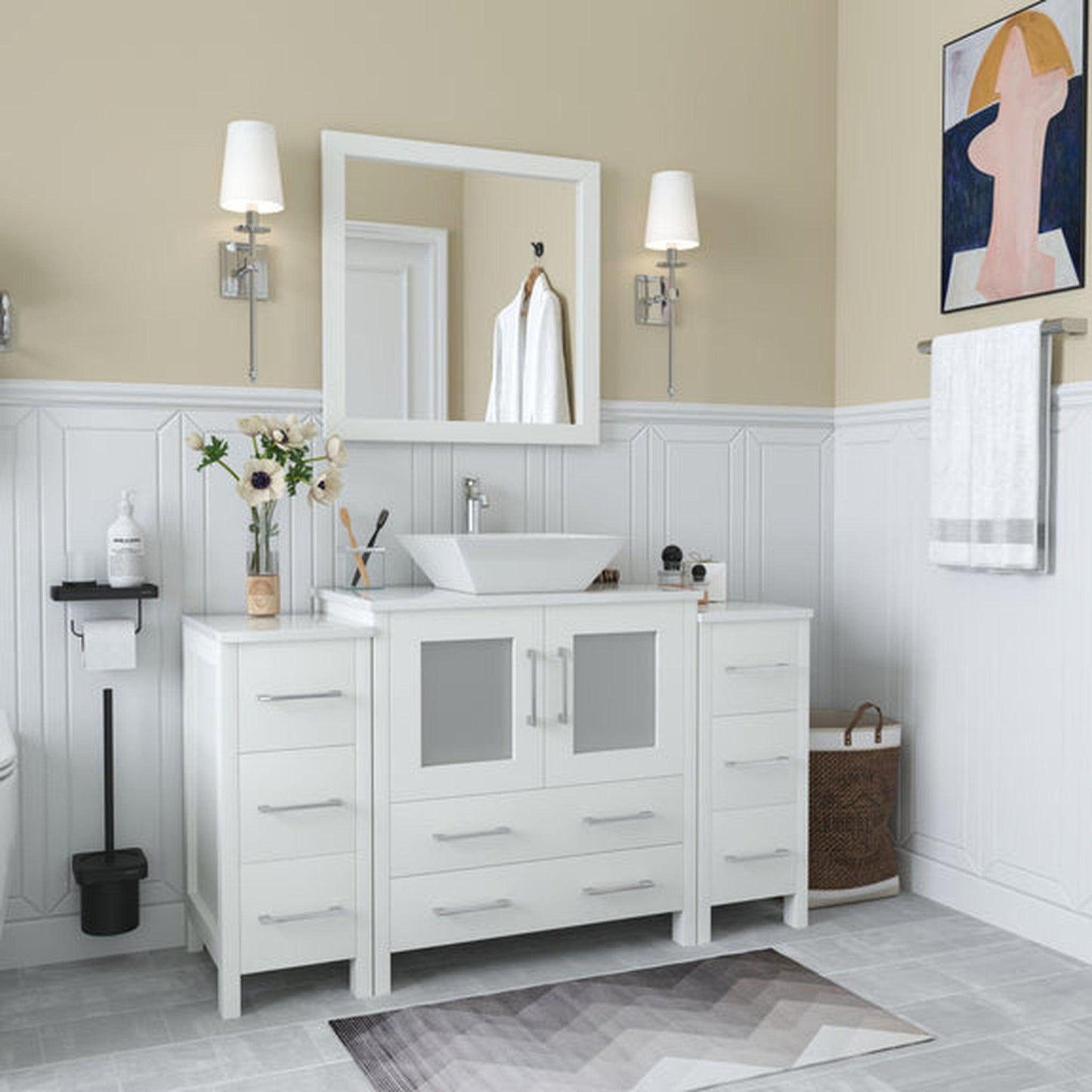 Vanity Art Ravenna 54" Single White Freestanding Vanity Set With White Engineered Marble Top, Ceramic Vessel Sink, 2 Side Cabinets and 1 Mirror