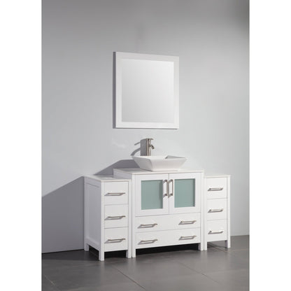 Vanity Art Ravenna 54" Single White Freestanding Vanity Set With White Engineered Marble Top, Ceramic Vessel Sink, 2 Side Cabinets and 1 Mirror