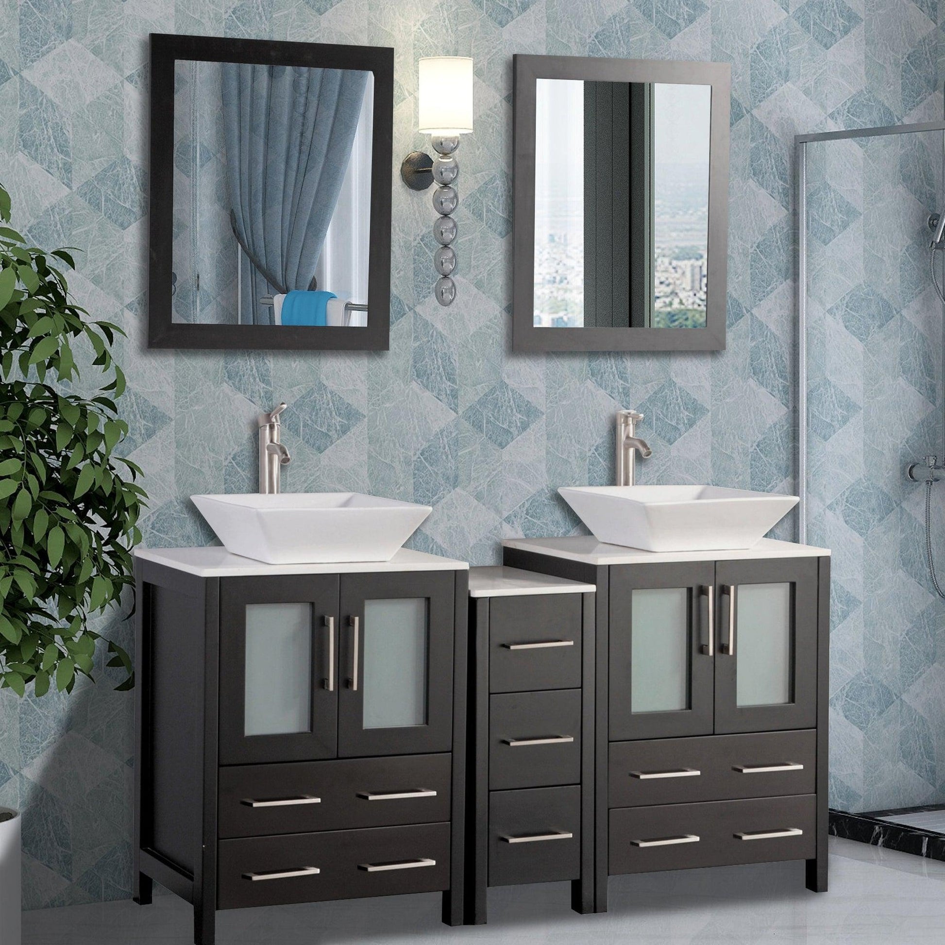 Vanity Art Ravenna 60" Double Espresso Freestanding Vanity Set With White Engineered Marble Top, 2 Ceramic Vessel Sinks, 1 Side Cabinet and 2 Mirrors