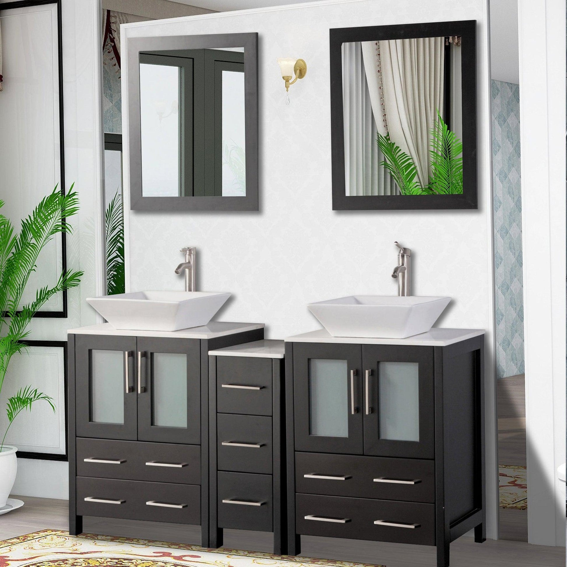 Vanity Art Ravenna 60" Double Espresso Freestanding Vanity Set With White Engineered Marble Top, 2 Ceramic Vessel Sinks, 1 Side Cabinet and 2 Mirrors