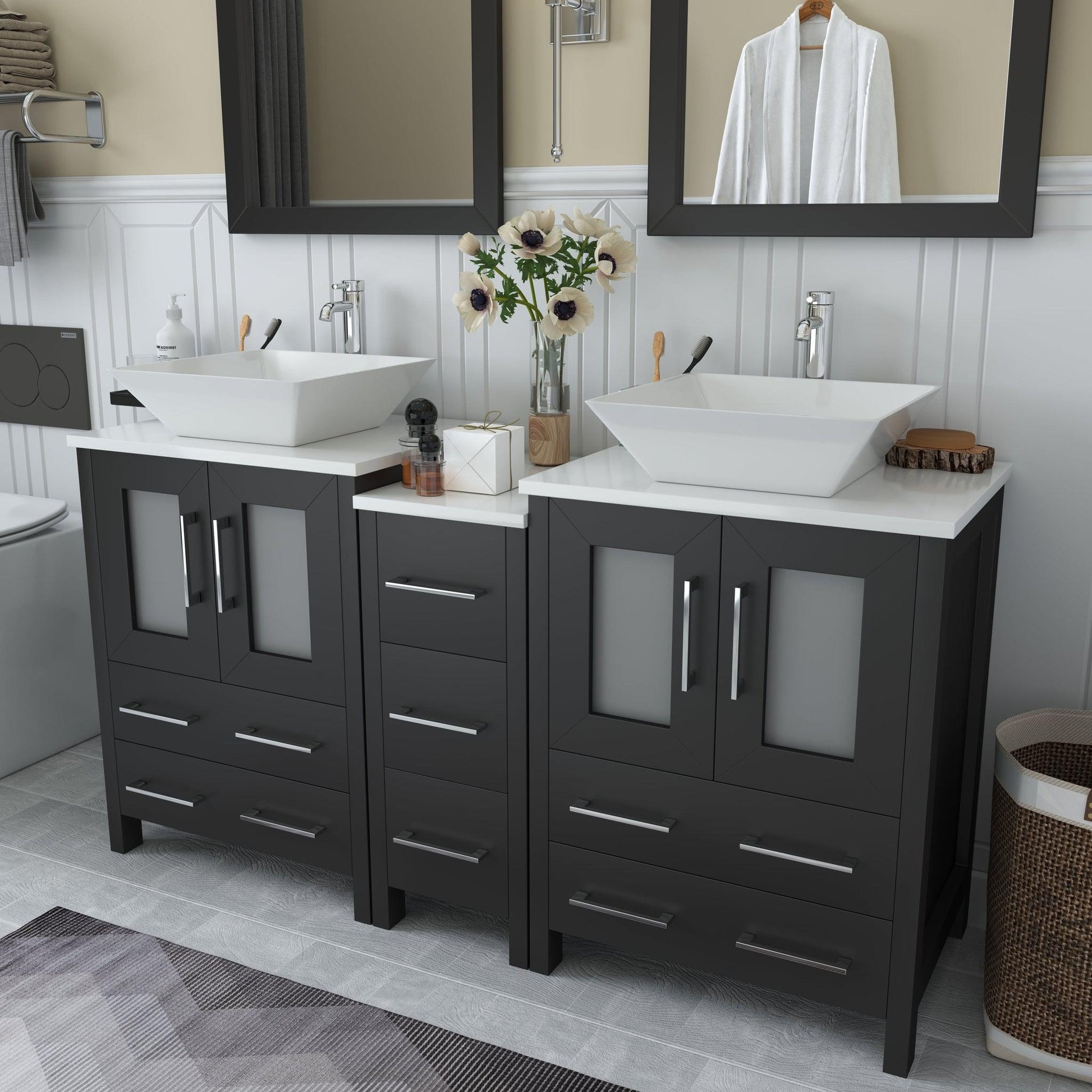 Vanity Art Ravenna 60" Double Espresso Freestanding Vanity Set With White Engineered Marble Top, 2 Ceramic Vessel Sinks, 1 Side Cabinet and 2 Mirrors