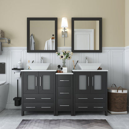 Vanity Art Ravenna 60" Double Espresso Freestanding Vanity Set With White Engineered Marble Top, 2 Ceramic Vessel Sinks, 1 Side Cabinet and 2 Mirrors