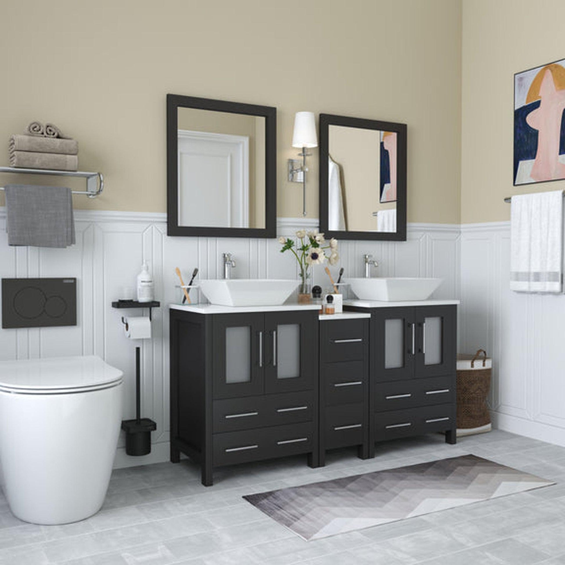 Vanity Art Ravenna 60" Double Espresso Freestanding Vanity Set With White Engineered Marble Top, 2 Ceramic Vessel Sinks, 1 Side Cabinet and 2 Mirrors