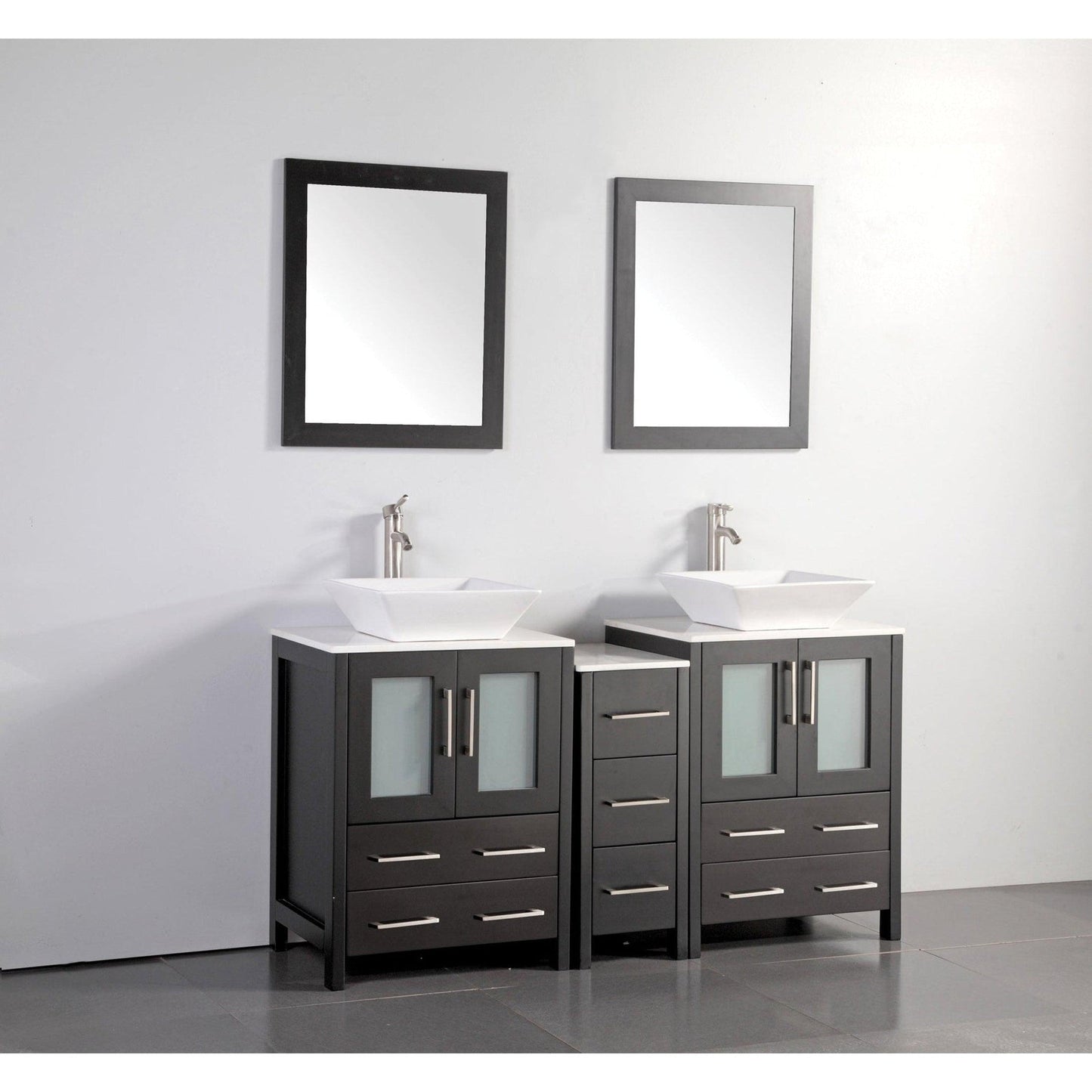 Vanity Art Ravenna 60" Double Espresso Freestanding Vanity Set With White Engineered Marble Top, 2 Ceramic Vessel Sinks, 1 Side Cabinet and 2 Mirrors